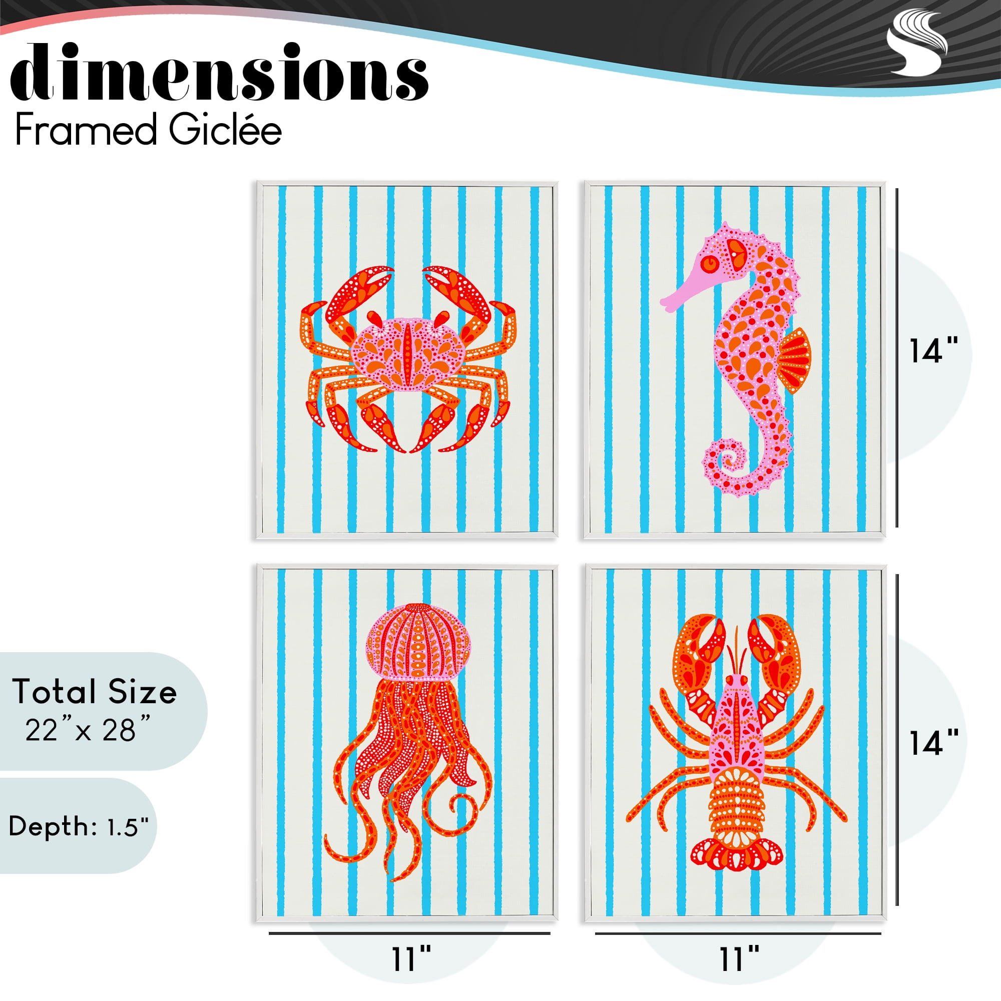 Stupell Industries Bright Sea Creatures on Stripes 4 Piece White Framed Giclee Art Set, design by Indira Prieto | IndySign