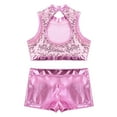 thumbnail image 5 of inhzoy Kids Girls 2 Piece Shiny Dance Outfits Crop Top Metallic Shorts Set Pink 8, 5 of 7