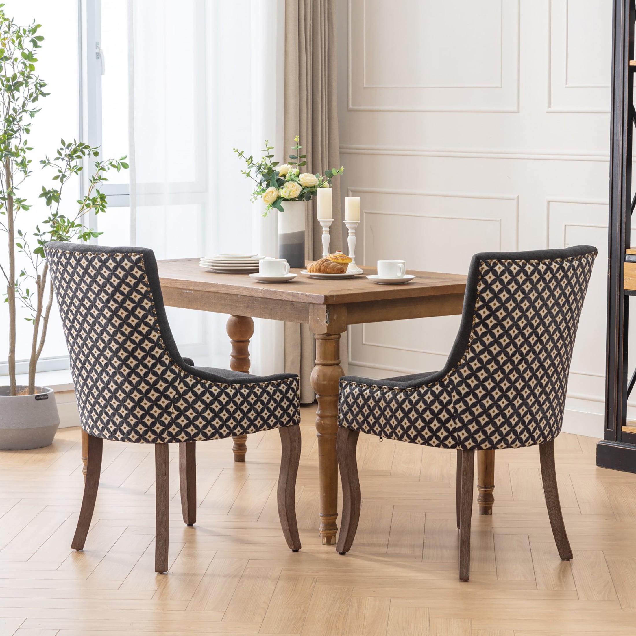 HSUNNS Indoor Dining Chairs Set of 2, Upholstered Armless Dining Room Chairs with High Backrest and Nailhead Design, Mid Century Side Dining Chairs with Wood Leg, Capacity of 300lbs, Black