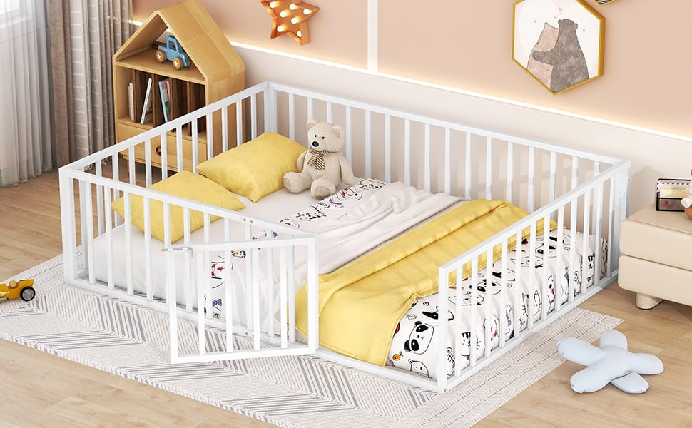 Queen Size Metal Floor Bed for Kids, Queen Montessori Bed Frame with Fence and Door, Queen Playhouse Bed with Door Design, Kids Fence Bed Playpen Bed for Boys ,Girls, White