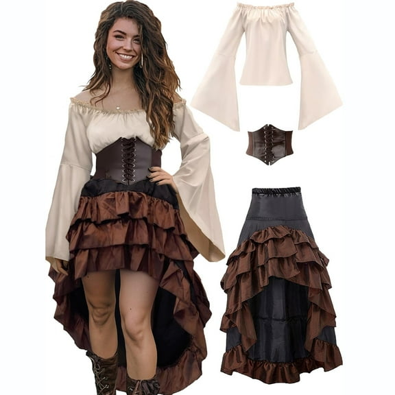 NMMUED 3 PCS Victorian Dress for Women Halloween Clothes for Women Gothic Dress Bell Sleeve Dress Renaissance Dress Women Gothic Outfits for Women Masquerade Dresses for Women Beige L