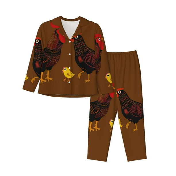 Fotbe Chicken Farm Animal Conjunto de Pijama de Manga Larga para Mujer con Estampado, Ropa de Dormir de 2 Piezas, Conjunto de Casa Suave y Cómodo con Bolsillos-XX-Large