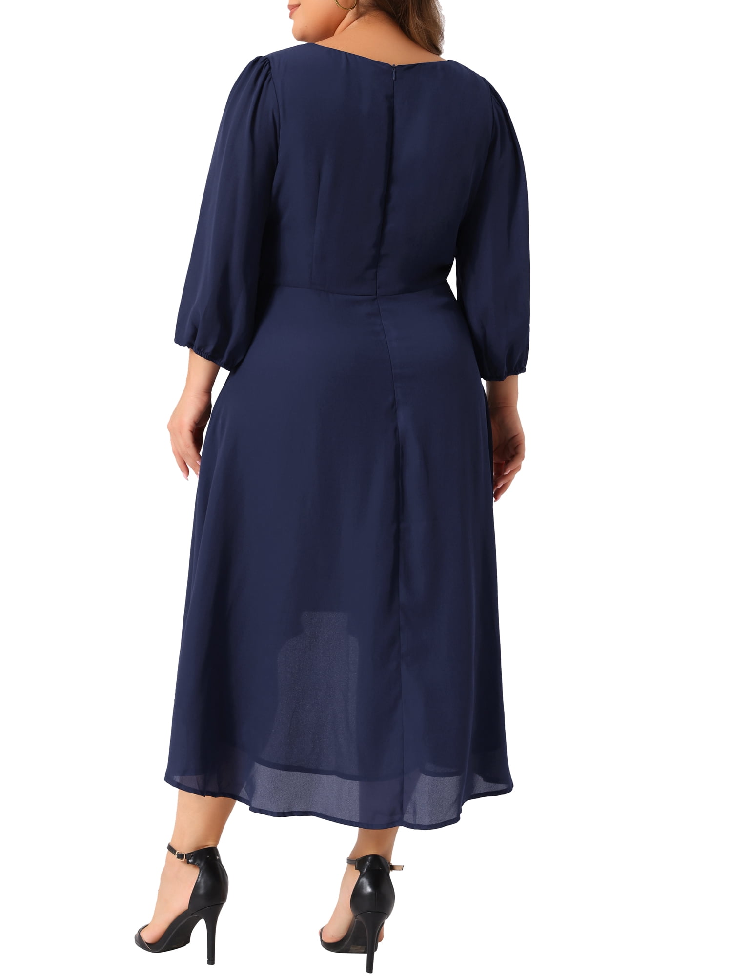 DARING DIVA Plus Size Chiffon V Neck 3/4 Sleeves A-Line Midi Dress 3X Dark Blue