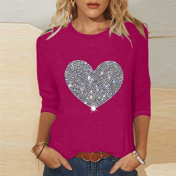 Fall Saving 2025 QUINDOS 3/4 Sleeve Graphic Tee Shirts Women Sequin Womens Tops Casual Heart Purple Classic Fit Crew Neck Tops