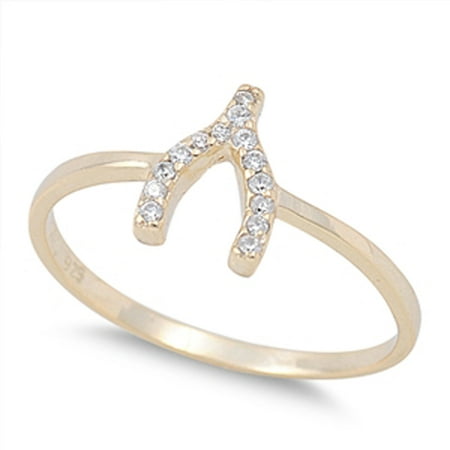 Good Luck Wishes Cards - Sterling Silver Women's Flawless Colorless Cubic Zirconia Good Luck Gold-Tone Wishbone Ring (Sizes 5-9) (Ring Size 5)