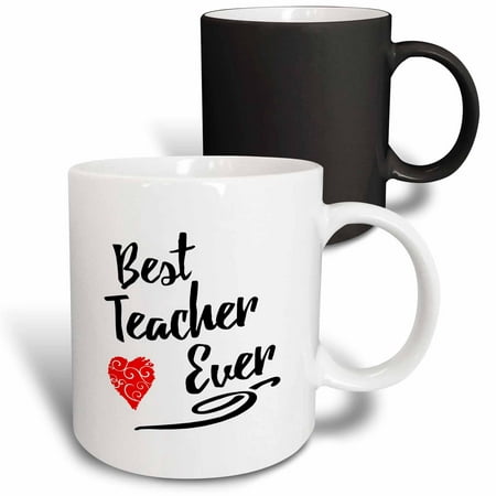 3dRose Typographic Design- Best Teacher Ever in Black with Red Swirly Heart - Magic Transforming Mug, (Best Teacher Bag Ever)