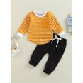 thumbnail image 2 of xiaxaixu Toddler Boys Autumn Outfit Sets Long Sleeve Striped Tops + Solid Color Drawstring Pants, 2 of 9