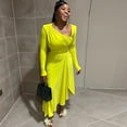 thumbnail image 5 of Women's Diagonal Collar Long Sleeve Pleated Irregular Dress, High Waist, Solid Color, 5 of 25