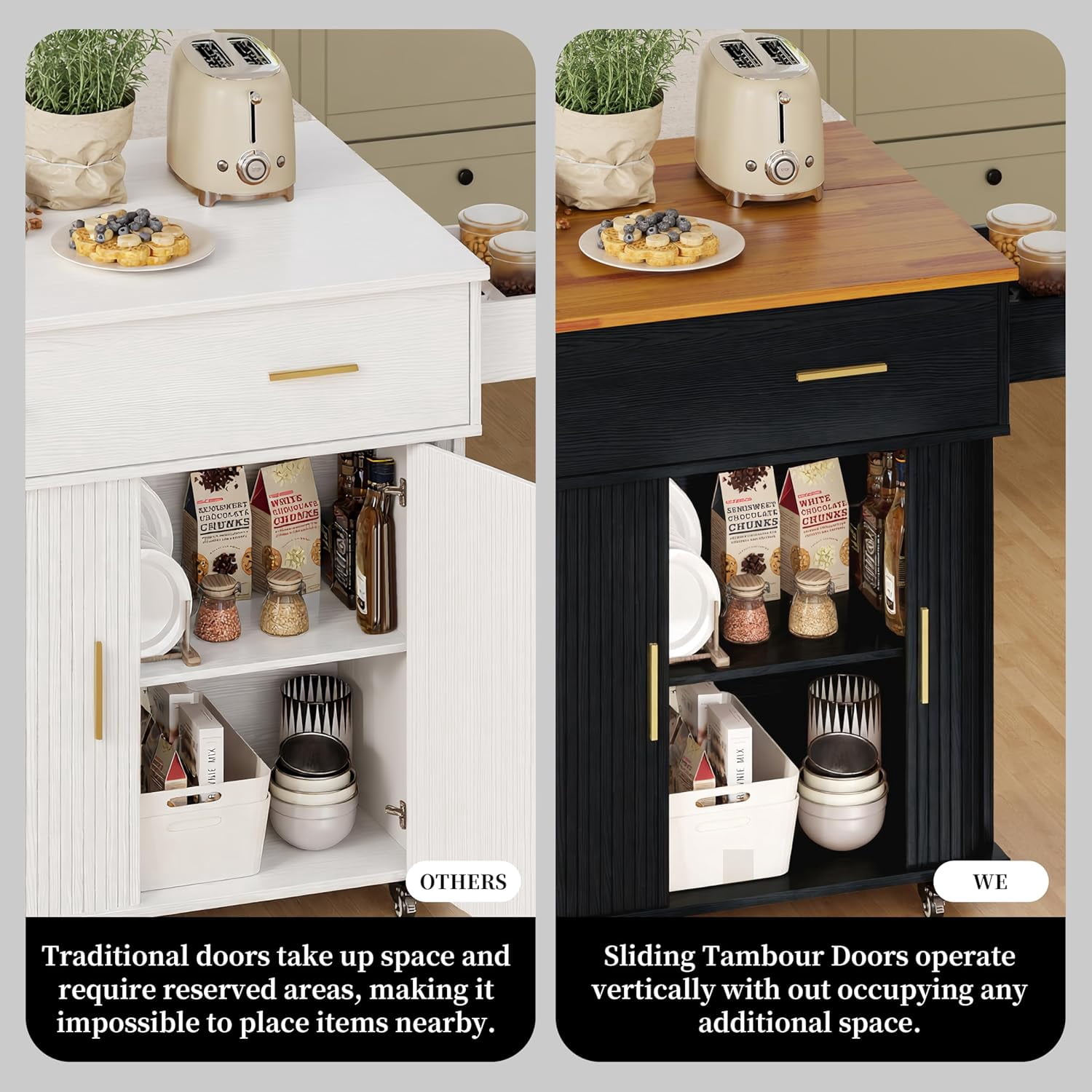 39.4" Rolling Kitchen Island Cart with Drop Leaf Countertop, Sliding Door, Drawers, Spice Rack, and 2-Tier Storage, Black