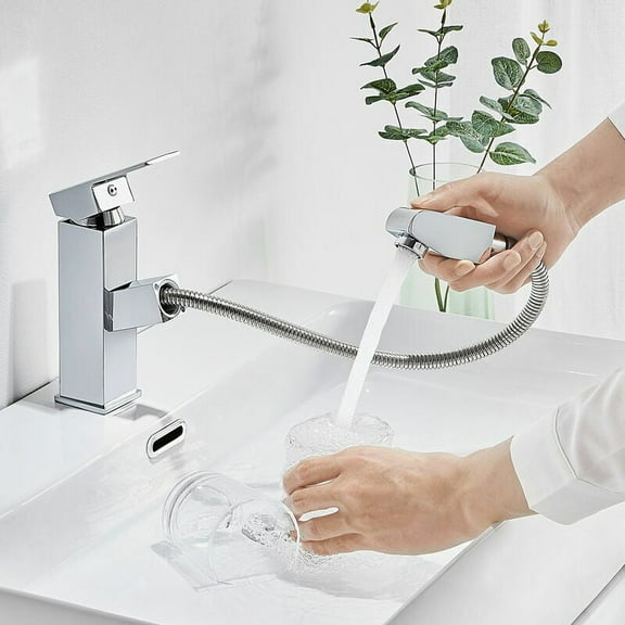 Modern Chrome Pull-Out Faucet for Bathroom Sink with Sprayer, Compatible with Standard Basins