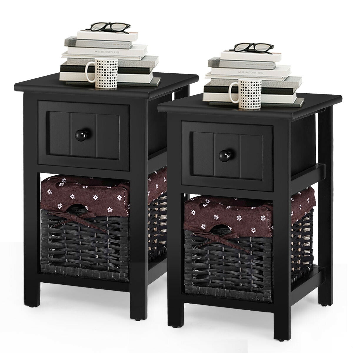Gymax 2 Pcs 2 Tier Mini Nightstand 1 Drawer Bedside End Table Organizer Wood W Basket Black Walmart Com Walmart Com