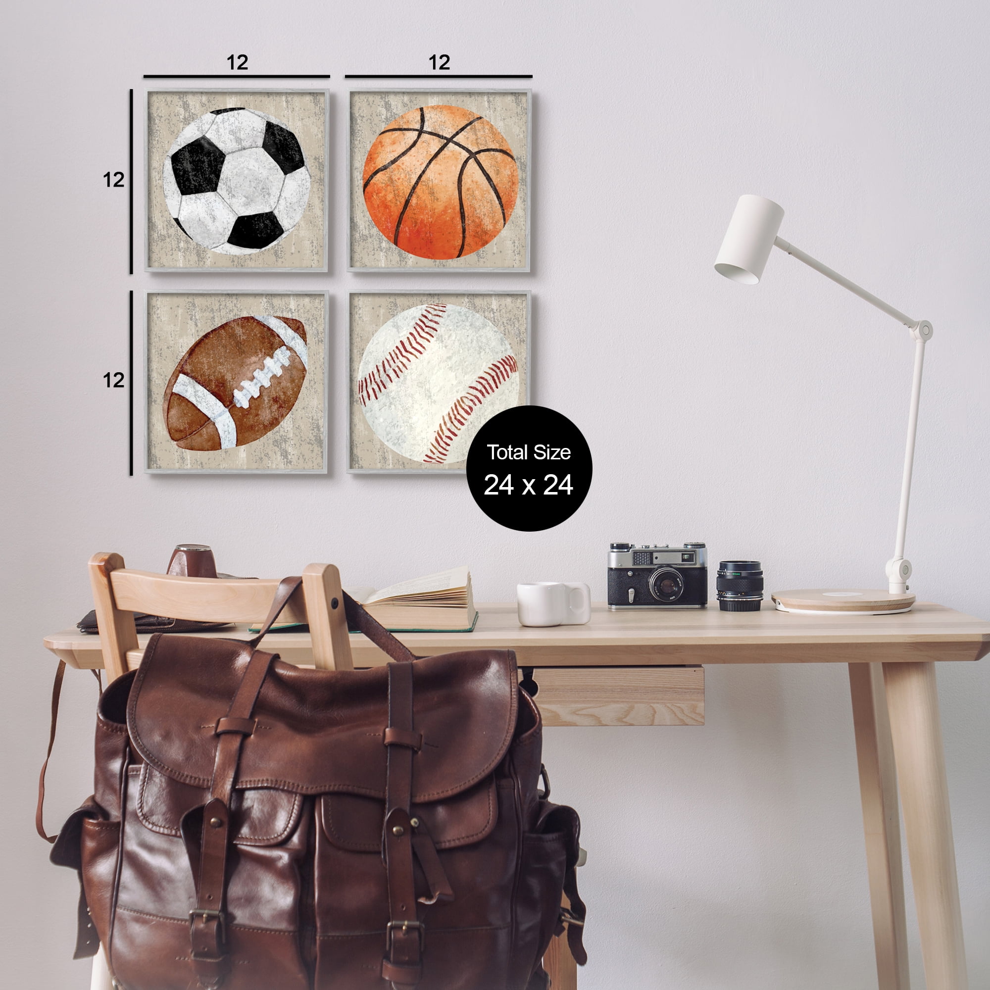 Stupell Industries Various Rustic Sports Balls Art for Kids Painting Gray Framed Art Print Wall Art, 12 x 12, Set of 4