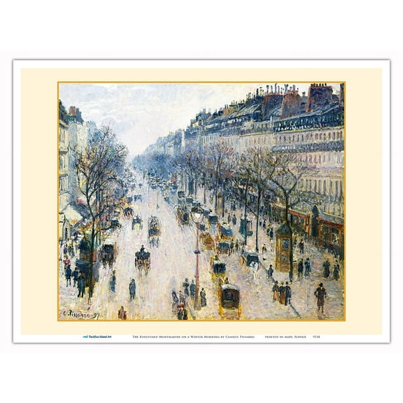 The Boulevard Montmartre on a Winter Morning - Paris France - From an Original Color Painting by Camille Pissarro c.1897 - Master Art Print (Unframed) 9in x 12in