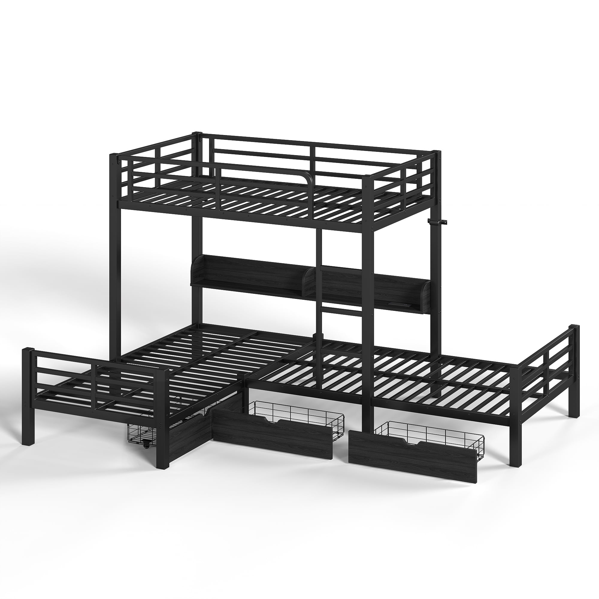Mintazer L-Shaped Triple Twin Metal Loft Bunk Bed with LED Lights & Charging Station, 3-Sleeper Corner Bed Frame with Storage Shelves & 3 Drawers for Kids Teens Dorm Bedroom, Black
