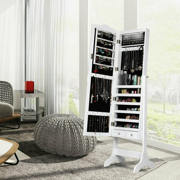 Gymax White Mirrored Jewelry Cabinet Armoire Storage Organizer w/Drawer & Led Lights