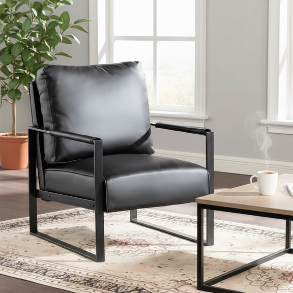 Mintazer Modern Microfiber Accent Chair, Square Metal Frame Lounge Armchair for Living Room Bedroom Office, Black