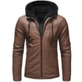 thumbnail image 2 of LoyisViDion Men Solid Casual Double Zipper Access Control Leather Hooded Jacket Coats Coffee 6(L), 2 of 9