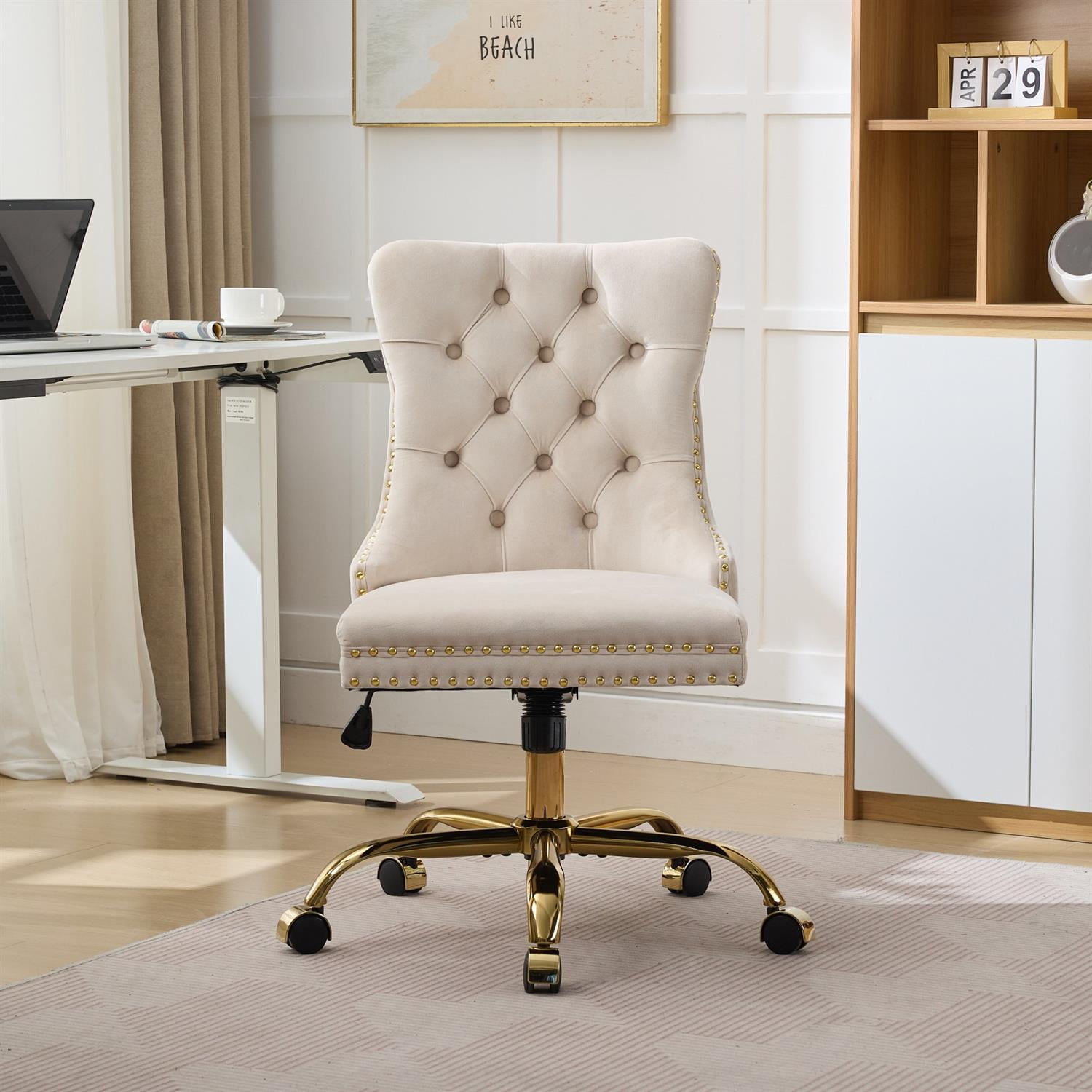 Demi Bonn 38" Tufted Button Velvet Upholstered Desk Chair with Adjustable Swivel, Metal Base for Home Office, Study, Beige