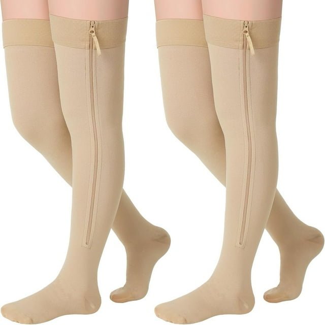 EIGTHTAIL 2 Pairs Zipper Compression Socks Thigh High 20-30 mmHg Compression Socks Closed Toe Thigh High Compression Stockings