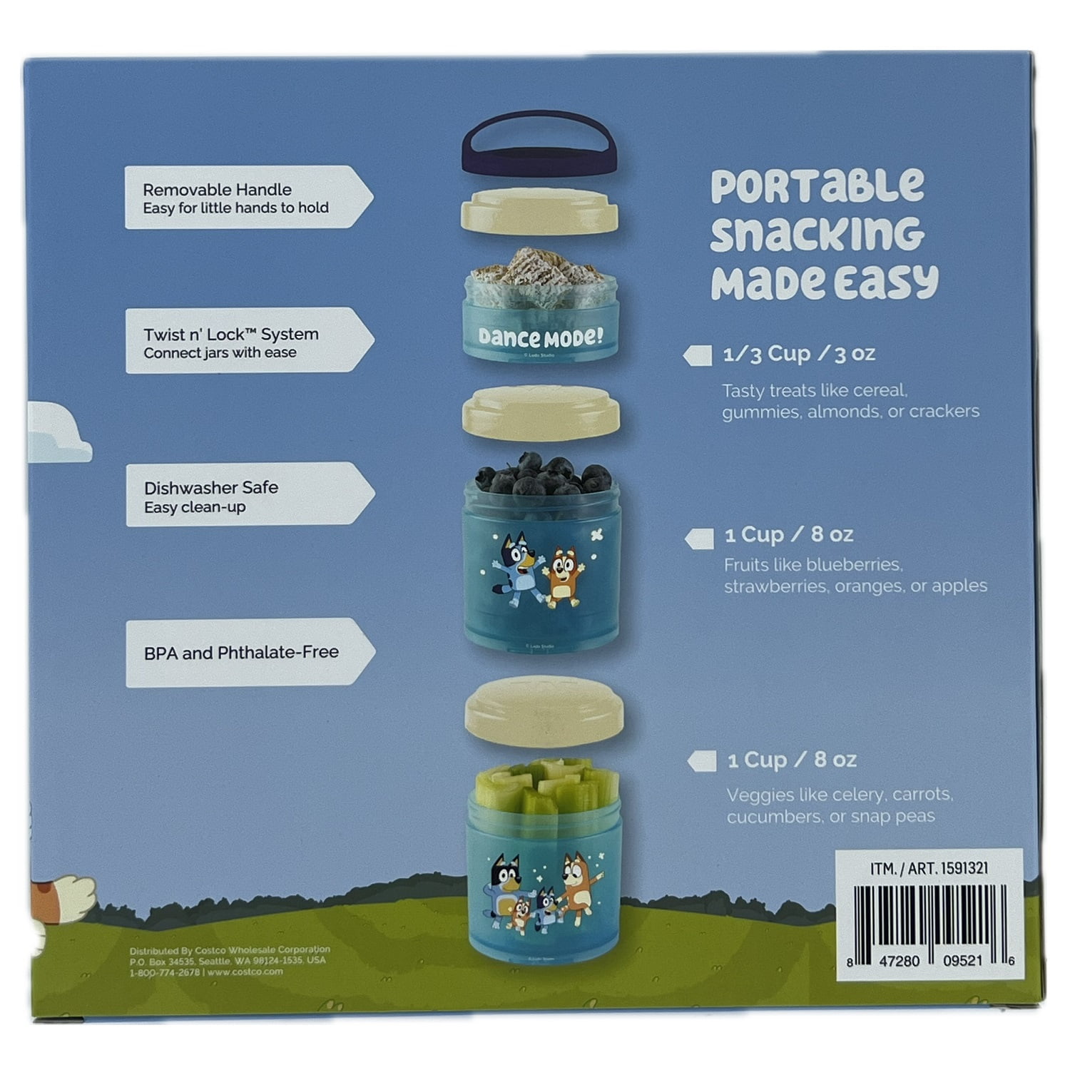 Whiskware Stackable Snack Containers for Kids & Toddlers  3-Part Portable Snack Stacks with Bluey Design - School & Travel Friendly, BPA-Free Kid Lunch Organizer