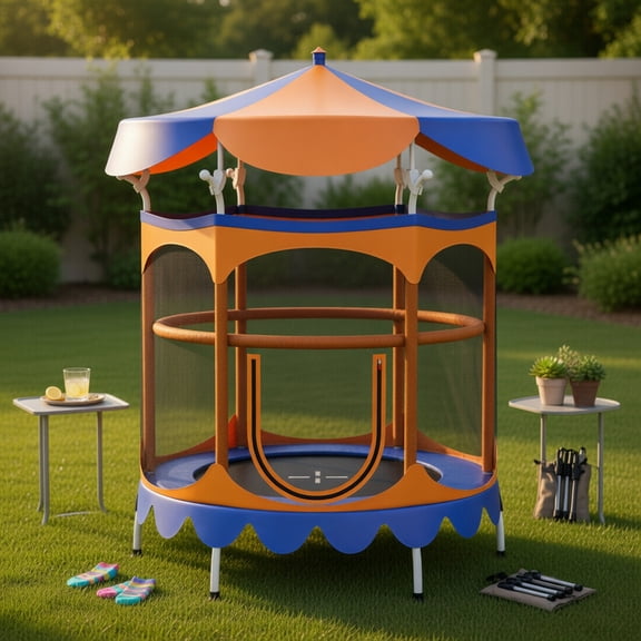Topcobe 64" Kids Trampoline with Detachable Canopy and Safety Enclosure Net, Recreational Trampolines for Kids, Large Trampoline for Outdoor Backyards-Orange