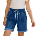 thumbnail image 3 of Frostluinai Girls Bermuda Jean Shorts 3-14Y Elastic Waist Retro Cuff Rolled up Denim Shorts Baggy Casual Knee Length Shorts with Pocket, 3 of 10