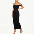 thumbnail image 6 of Women's off Shoulder Ribbed Midi Dress, Solid Sleeveless Ruched Split Bodycon Summer Club Dress Black XL(XL), 6 of 7