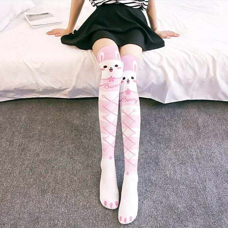 HESITONE Japanese Style Women Lolita Kawaii Thigh High Stockings Harajuku  Cute Cartoon Rabbit Jellyfish Animal Print Anime Over Knee Long Socks  Cosplay Hosiery 