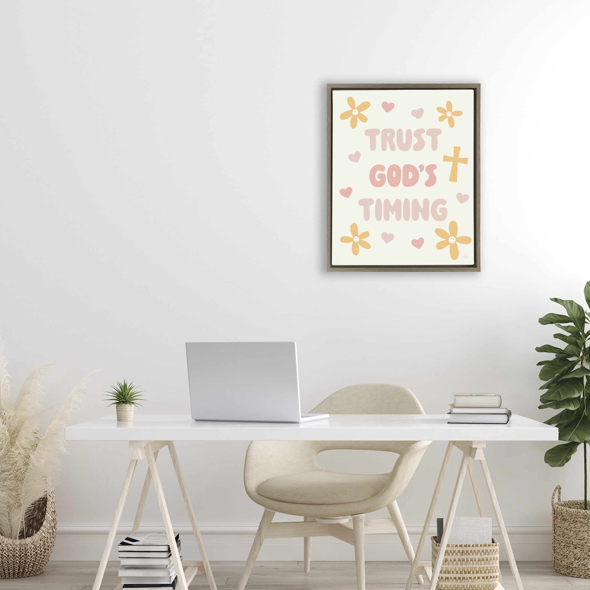 Stupell Industries Retro Trust God's Timing Brown Framed Floater Canvas Wall Art, design by Natalie Carpentieri