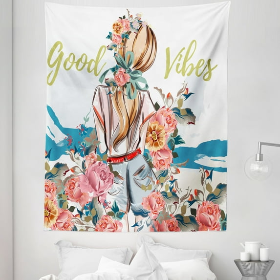 Chill Tapestry, Young Girl Standing Back with Flourishing Roses Abstract Floral Feminine, Fabric Wall Hanging Decor for Bedroom Living Room Dorm, 5 Sizes, Multicolor, by Ambesonne