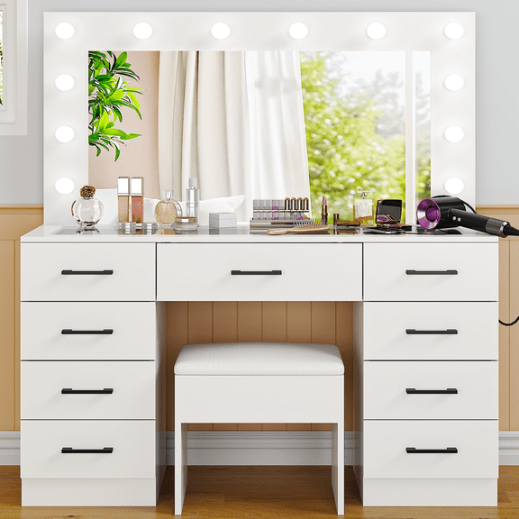 Ktaxon Large Makeup Vanity, Get Ready with Me GRWM Vanity Table Set w/ Visible Glass Top w/ Charging Station, White