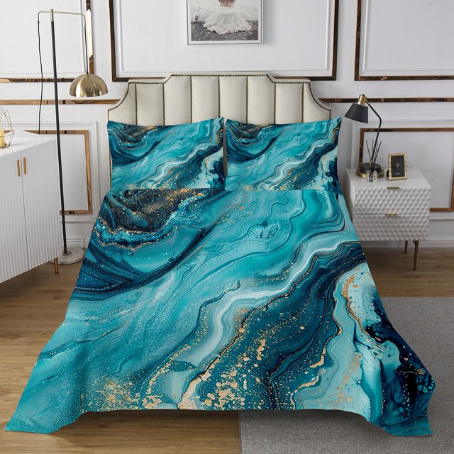 Ombre Marble Textured Twin Bedspread Set for Girls,Blue Marbling Coverlet Set Abstract Ink Fluid Art Quilt Set,Gradient Tie Dye Marble Home Decor