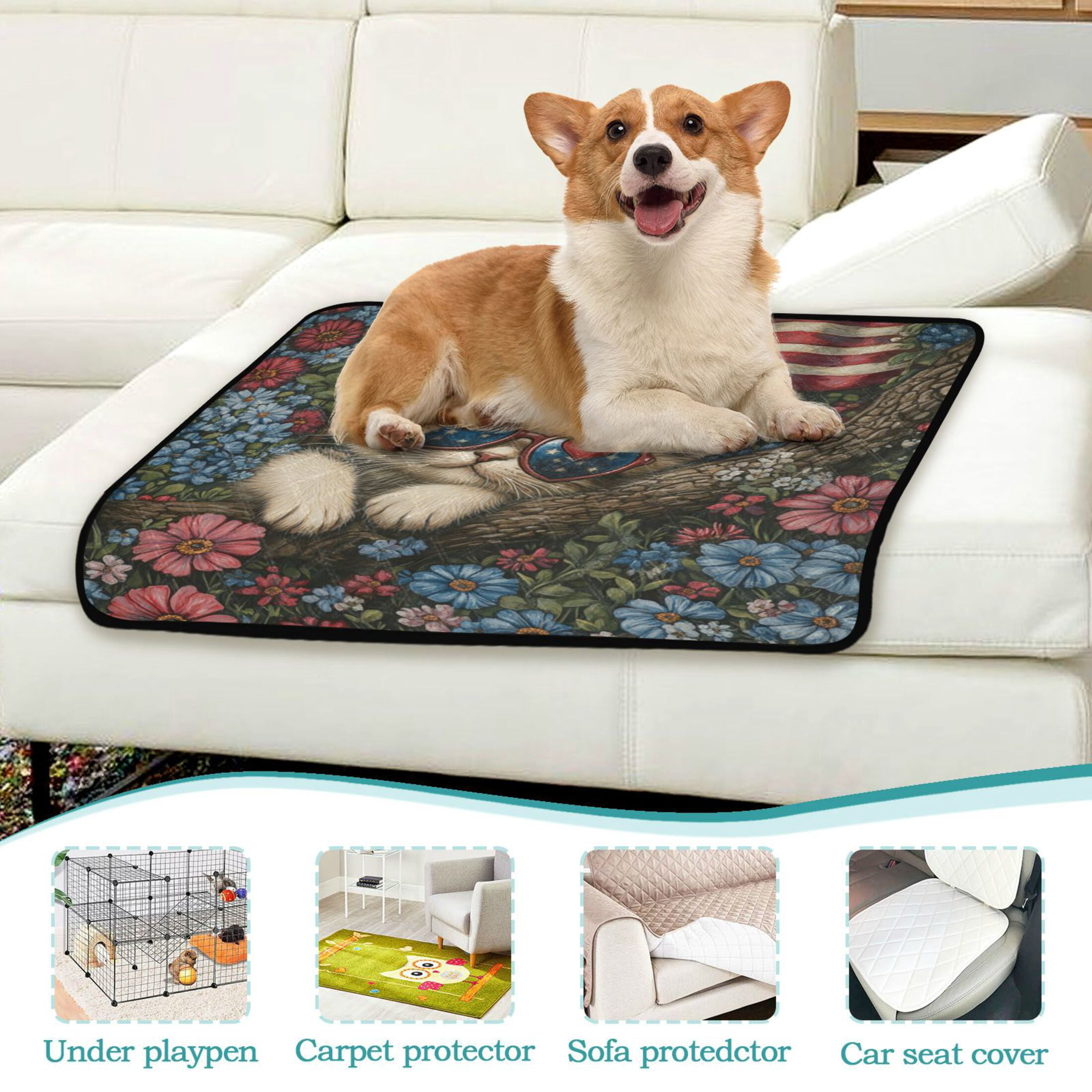 Qxltty American Flag Floral Cat Cat litter Pads Pet Set of 2 Diaper Mats Center Anti-leakage Layer Absorbent Soft and Comfortable
