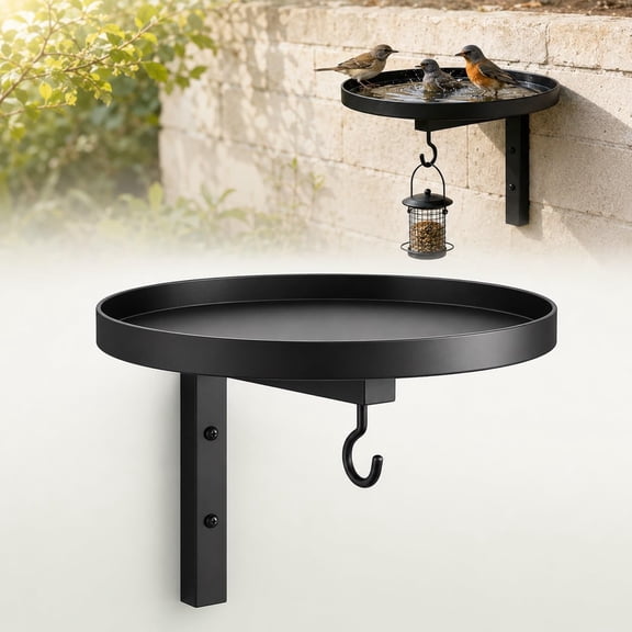 Wall-Mounted Metal Bird Bath Basin With Hanging Hook, Outdoor Deck Rail Bird Tray For Feeder Waterer, Garden Yard Fence Balcony Decor (Black)