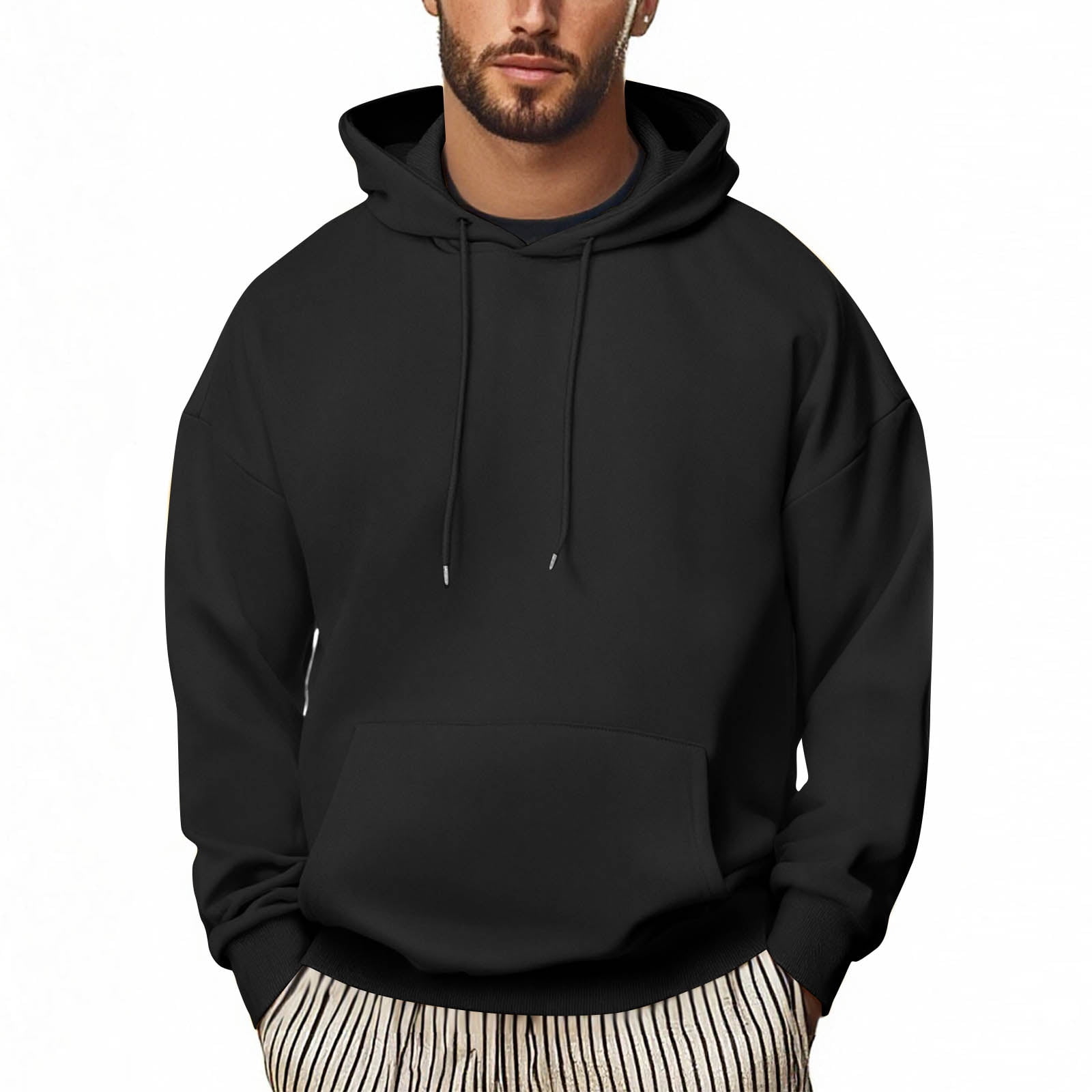 Hoodies for Men Sevevn Men Casual Solid Color Pullover Drawstring Pocket Long Sleeve Hooded Blouse Black XXL