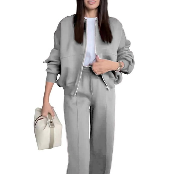 Women's 2 Piece Outfits Oversized Sweatsuit Zip Up Long Sleeve Sweatshirt with Wide Leg Sweatpants Light Gray XXL