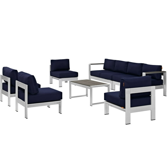 Modern Contemporary Urban Design Outdoor Patio Balcony Seven PCS Sectional Sofa Set, Navy Blue, Aluminum