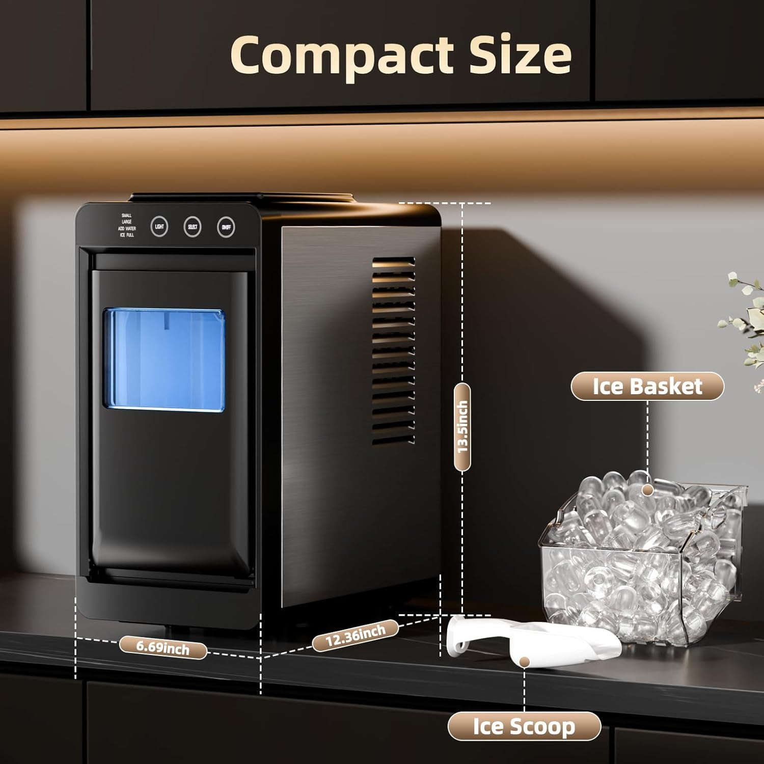 Ice Makers Countertop,26Lbs/24H,8Pcs in 6Mins,Portable Ice Maker Machine with 0.8 L Water Tank,Self-Cleaning,Interior Lighting,2 Sizes of Bullet Ice for Home/Office/Party/Kitchen/RV/Camping(Black)