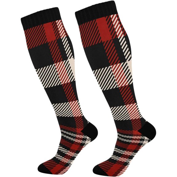 GZHJMY Buffalo Plaid Compression Socks, Women Men Long Stocking (20-30mmHg), Travel Knee High Stockings for Athletic Sports,Running,Cycling,Nursing