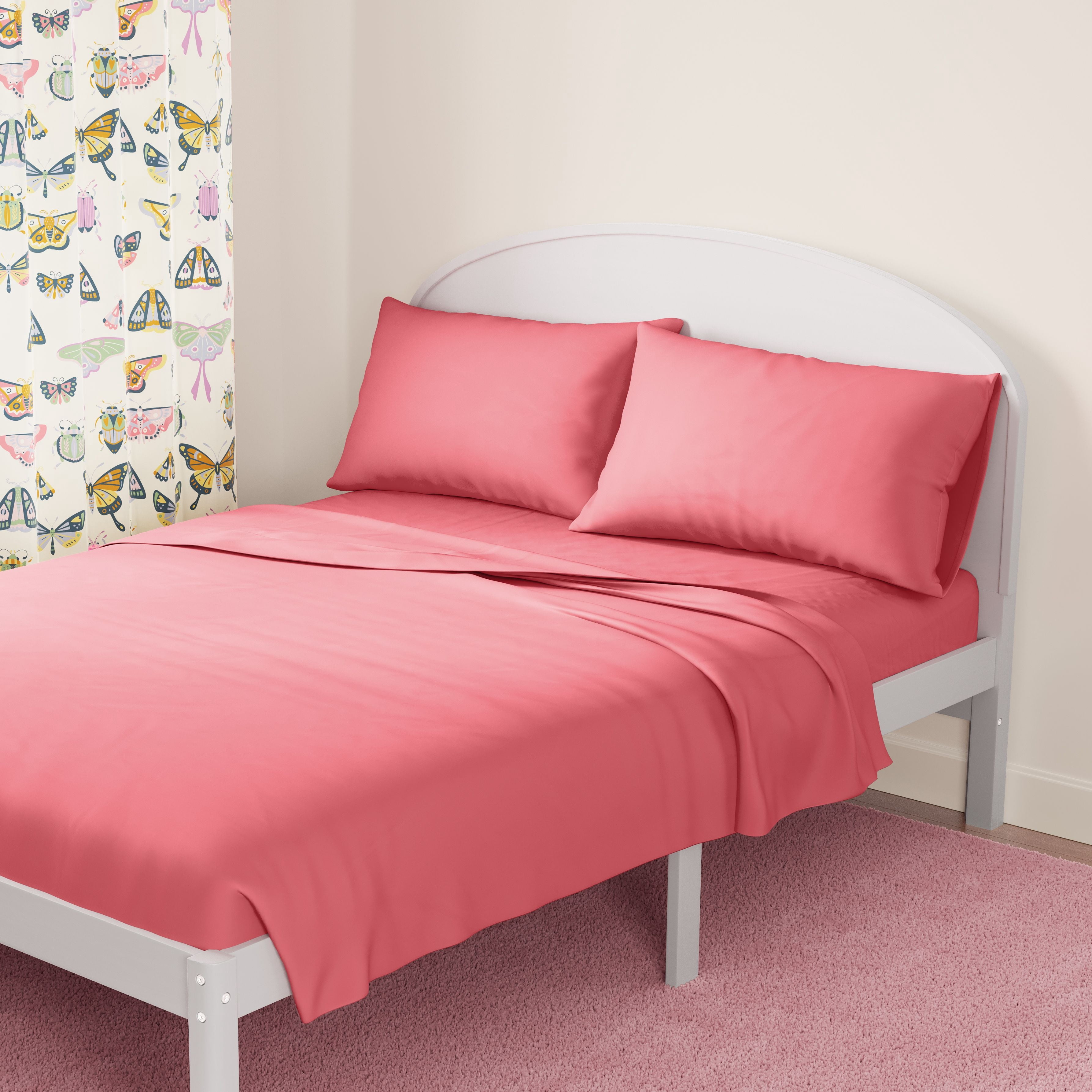 Mainstays Kids Microfiber Bed Sheet Set, Queen, Pink, 4 Pieces