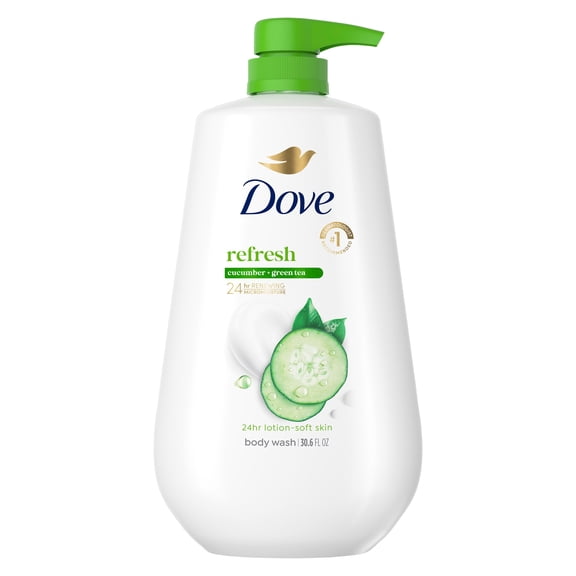 Dove Body Wash With Pump for 24hr Lotion-Soft Skin Refresh Cucumber & Green Tea Moisturizing Skin Cleanser with No Sulfates No Parabens, 30.6 fl oz