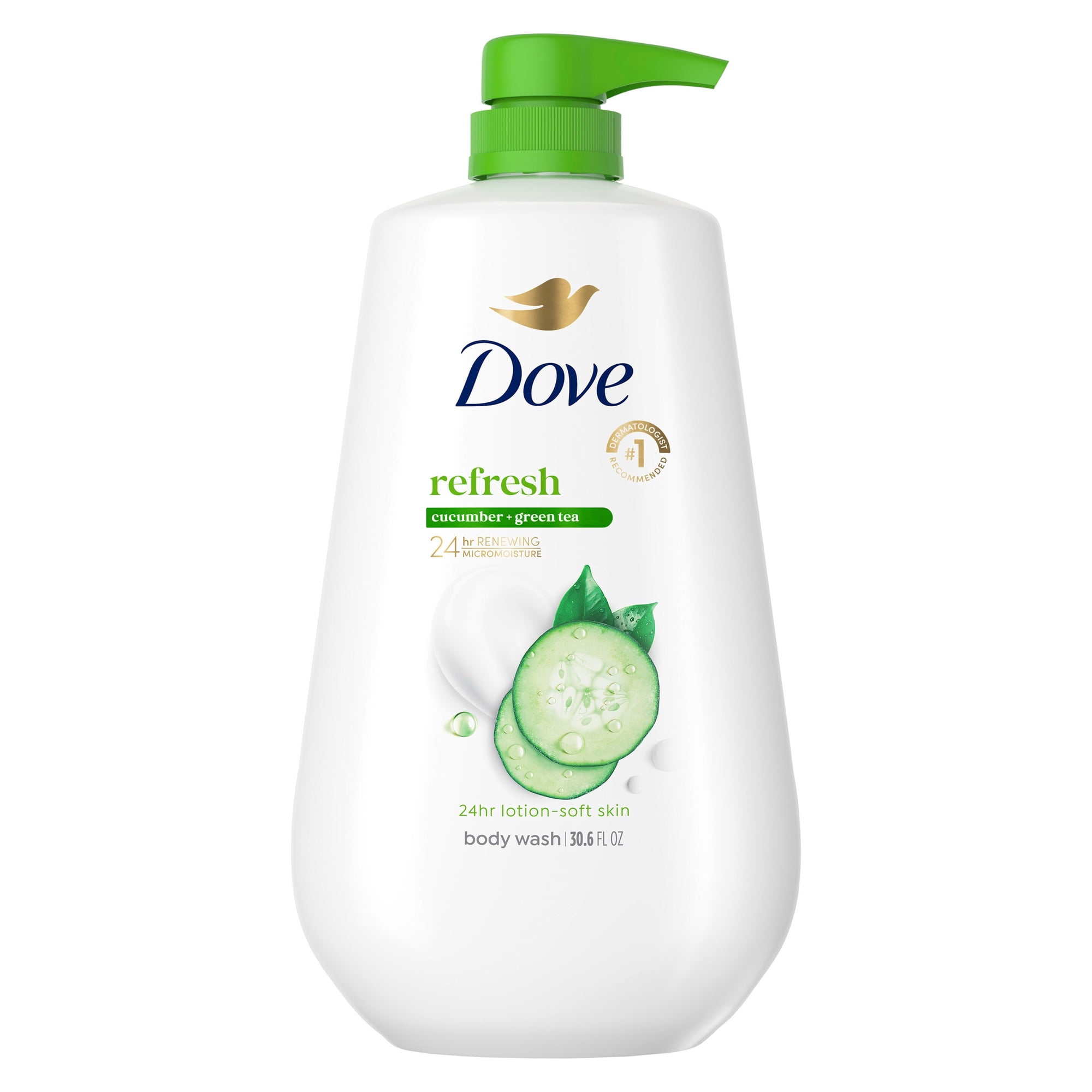 Dove Body Wash With Pump for 24hr Lotion-Soft Skin Refresh Cucumber & Green Tea Moisturizing Skin Cleanser with No Sulfates No Parabens, 30.6 fl oz