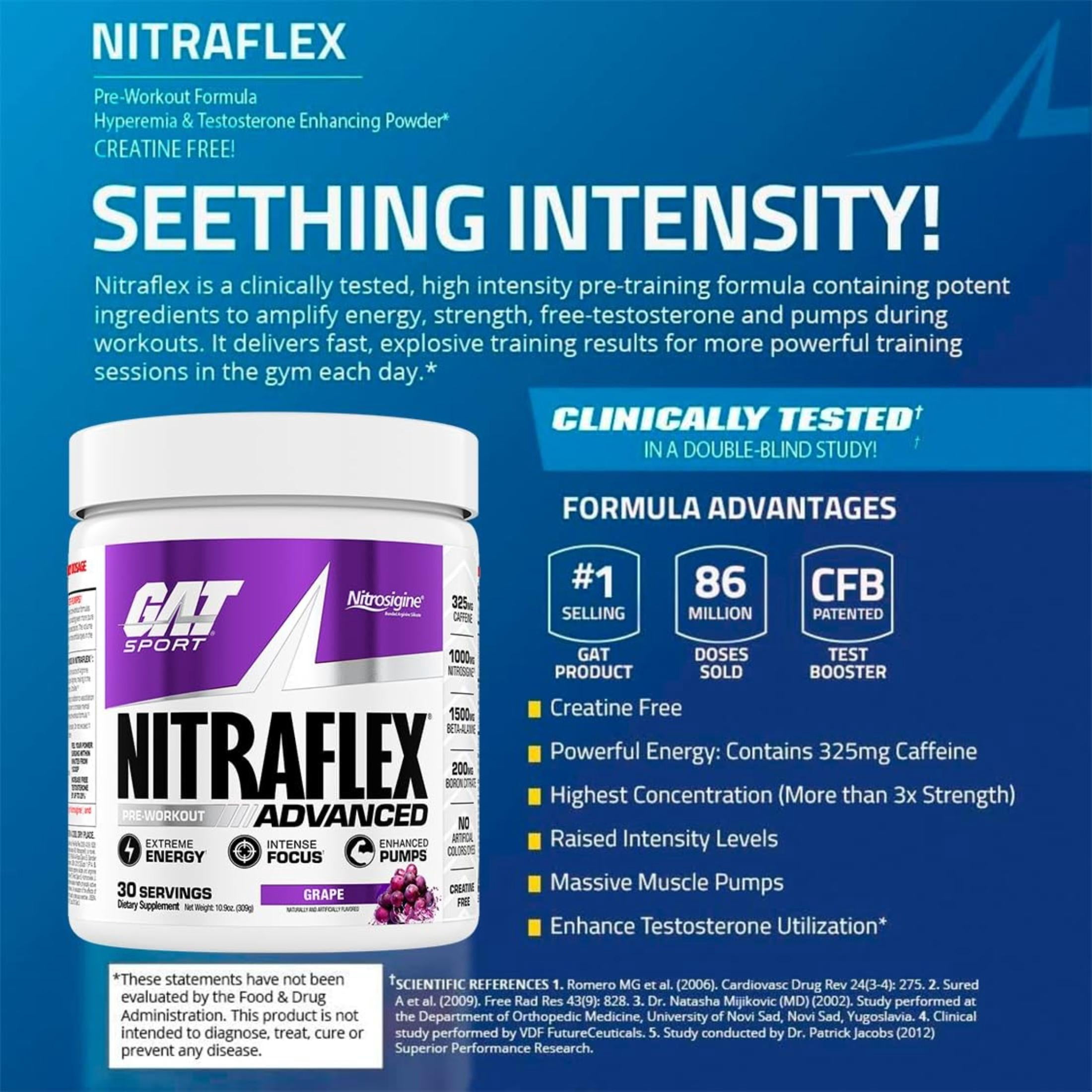 GAT SPORT, Nitraflex Advanced Pre-Workout Powder, Increases Blood Flow, Boosts Strength and Energy, Improves Exercise Performance (Grape, 30 Servings)