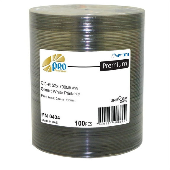 Falcon Media Premium Smart White Inkjet Hub Printable 52X CD-R Media 100 Pack