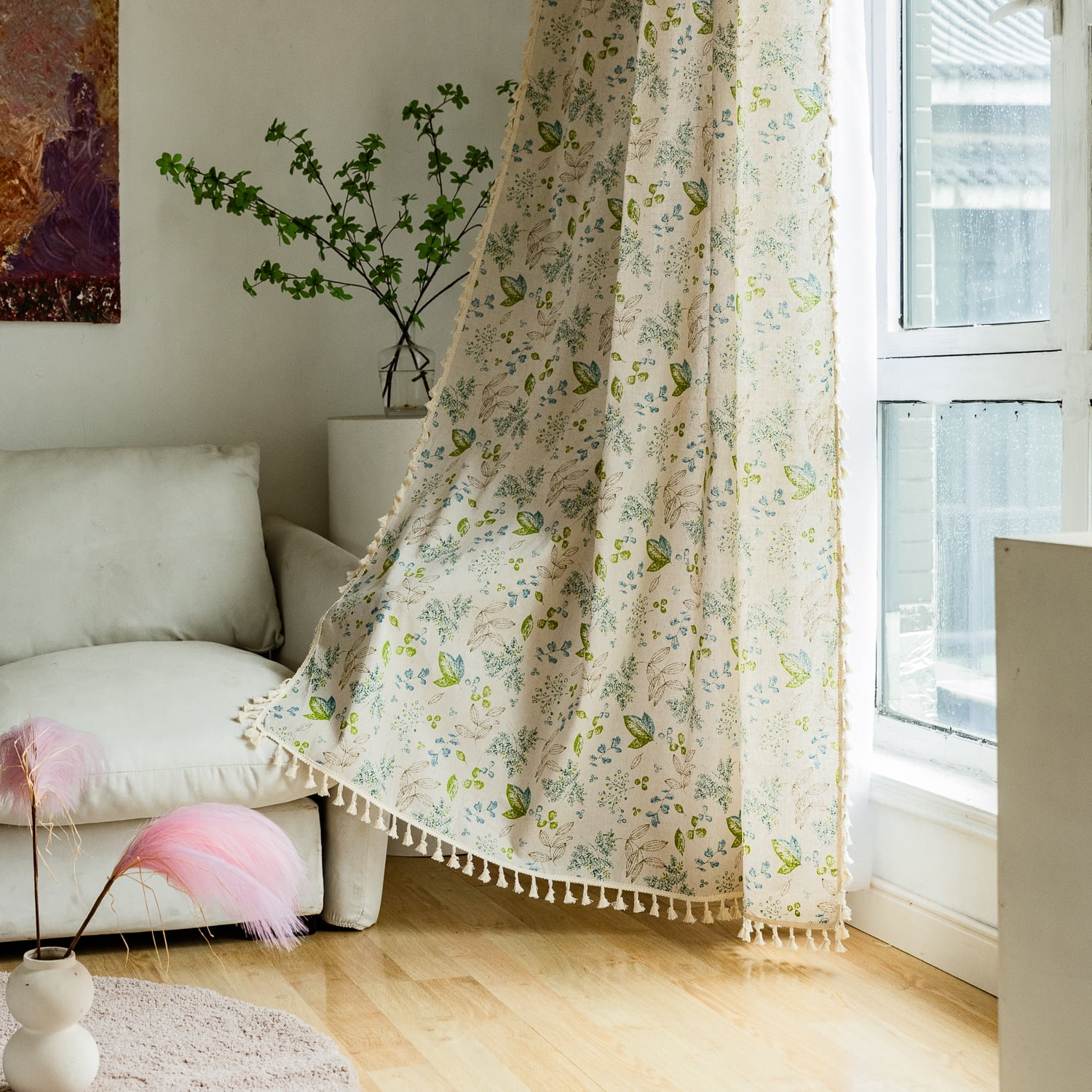2 Panels Floral Botanical Print Curtains Flower Leaf Classic Linen Curtains Tassel Edge Rod Pocket Semi Blackout Curtains for Bedroom Living Room Walmart