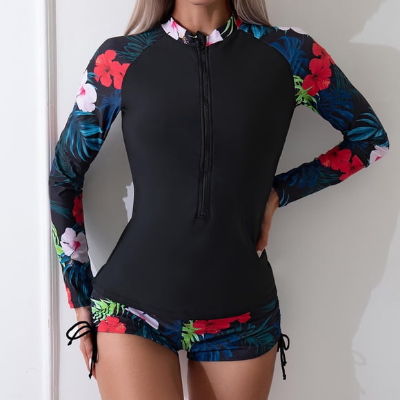 TIMIFIS Women's Long Sleeve Swimming Top and Drawstring Boyshorts Swimsuit Two Piece Diving Bathing Suit for Surfing Swimming Snorkeling