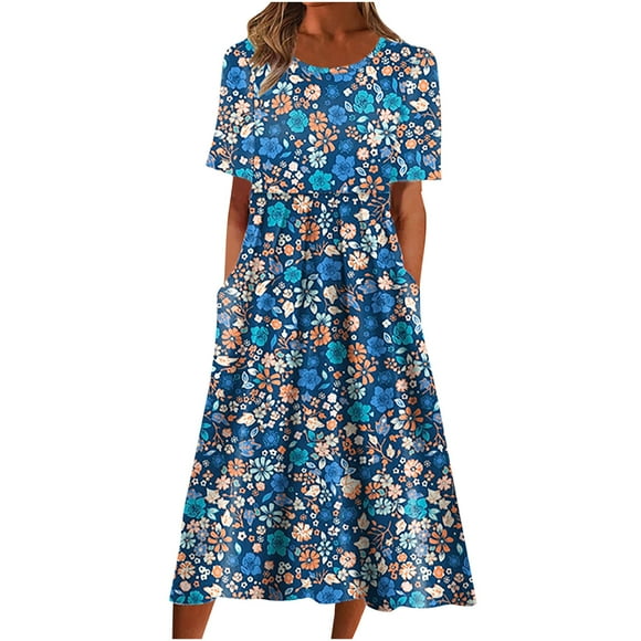 FAVIPT Summer Maxi Dress for Women Short Sleeve Casual Trendy Beach 2025 Dresses Crew Neck Pleated Elegant Floral Print Dress with Zipper Pockets Blue,XL