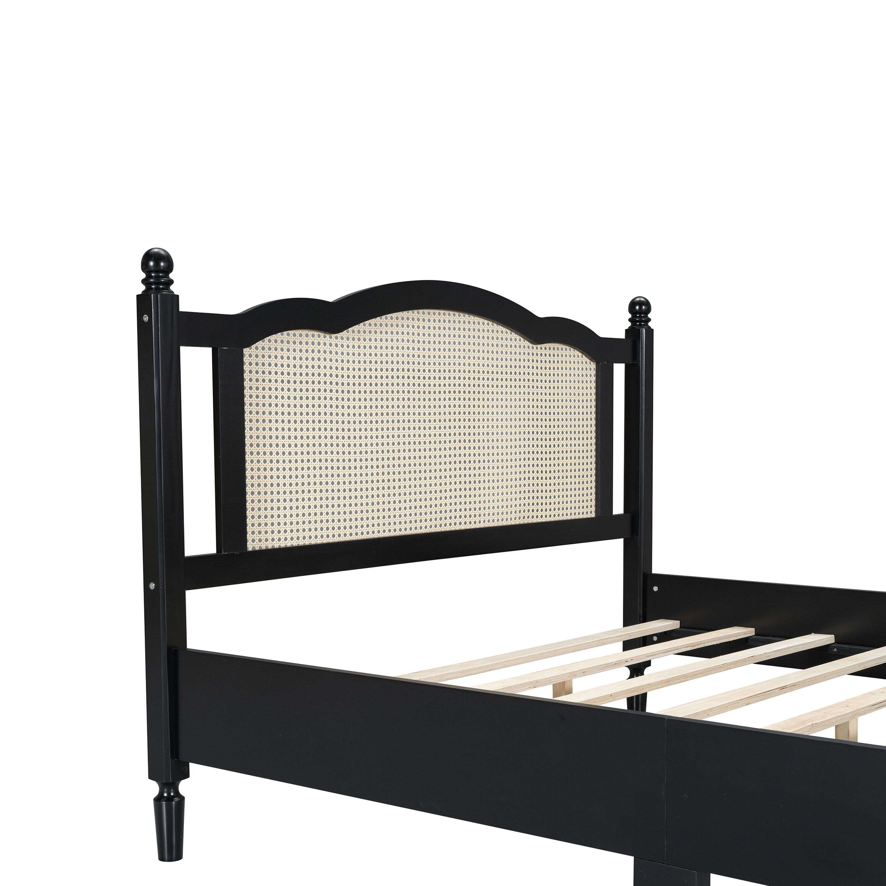 Queen Size Adjustable Bed Base, Queen Size Wooden Platform Bed with Natural Rattan Headboard, Vintage Bed Frame with Wooden Slat Support, Black, Black Bed Frames,Wood Platform Bed Frames