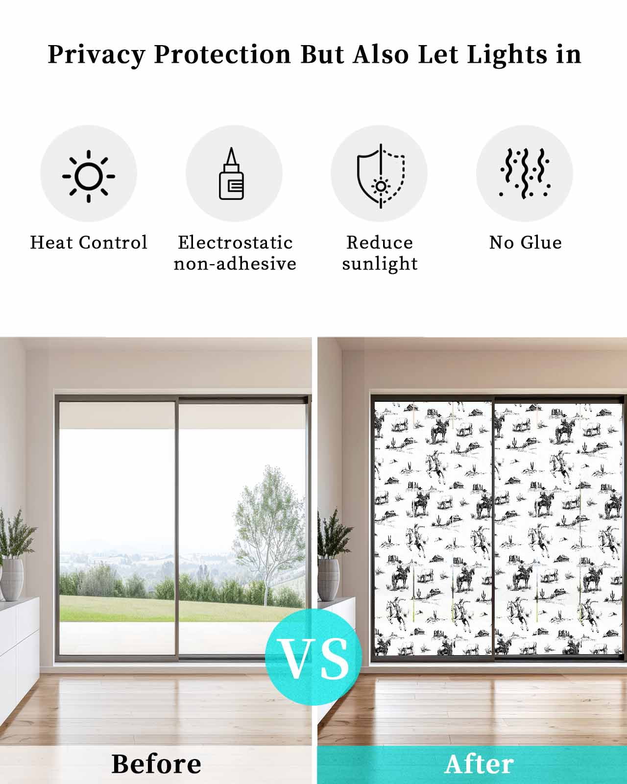 Window Privacy Film Black Western Cowboy Stained Glass Window Film Decorative Sun Block Window Cover Vintage Horse Cactus Ethnic Art Window Clings Static Adhesive Sticker for Bathroom 35.4"x78.7"