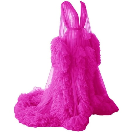 

Maternity Dresses Pregnant Gowns Bright Pink Size 3XL Long Sleeves Robe Tulle Puffy Ruffles Bathrobe Dress for Photoshoot Photography